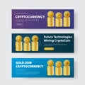 Design of vector banners with piles of gold coins crypto currency Bitcoin, Ripple and Ethereum. Royalty Free Stock Photo