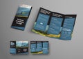 Design vector black triple folding brochure with diagonal elements and place for photo.