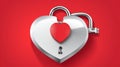 Design a vector image of a white and red key unlocking a heart-shaped lock