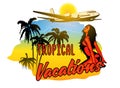 Design vector template about flight to tropical paradise with palm trees and beauty lady