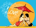 Design vector template with two gossip girls, sun, umbrella. Love doodle. Royalty Free Stock Photo