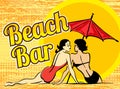 Design vector template with two gossip girls, sun, umbrella and text. Beach bar. Royalty Free Stock Photo