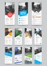 Design of vector white roll-up banners with round, square, diagonal and triangular design elements and a place for photos