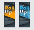 Design vector yellow, blue and black roll-up banner with intersecting triangles and space for a photo.