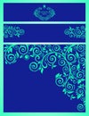 Design vintage lazuli blue templates with jade color curled floral pattern for business cards