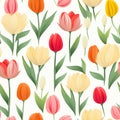 Design of watercolored seamless blue tulip pattern with leaves