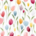 Design of watercolored seamless blue tulip pattern with leaves