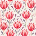 Design of watercolored seamless green tulip pattern with leaves