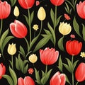 Design of watercolored seamless green tulip pattern with leaves