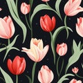 Design of watercolored seamless green tulip pattern with leaves