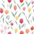 Design of watercolored seamless green tulip pattern with leaves