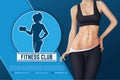 Design of web banner of fitness club emblem. Silhouette of athletic woman with dumbbell.