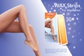 Design of web banner with wax strips. Advertising of means for care of body skin for women.