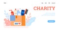 Design web for charity and donation with box full cleaning and hygiene products.