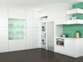 Design of white kitchen with washing machines.