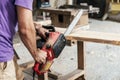 Design wood concept. Cropped photo of cabinetmaker or handyman h Royalty Free Stock Photo