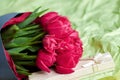 Designed bouquet of fresh red tulips with a gift box on light green background