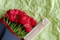 Designed bouquet of fresh red tulips with a gift box on light green background