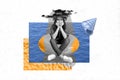 Designed illustration collage of young melancholy woman summer vacation lost tourist swimming lifebuoy ocean isolated on Royalty Free Stock Photo