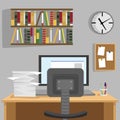 Designed modern workspace at home with desk, monitor, bookshelf, wallclock and pile of papers Royalty Free Stock Photo