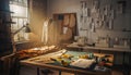 Designer atelier table scattered with sketches, cloth, patterns, and tools in warm light evoking creative fashion design, Royalty Free Stock Photo