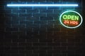 For designer background texture of empty red brick wall with blue neon light lamp, 80s style glow and and a colorful sign is open Royalty Free Stock Photo