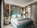 Designer bedroom with turquoise color bed and beautiful bedside tables with lamps with fabric shade