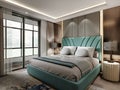 Designer bedroom with turquoise color bed and beautiful bedside tables with lamps with fabric shade
