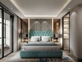 Designer bedroom with turquoise color bed and beautiful bedside tables with lamps with fabric shade