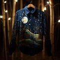 a designer blue shirt Temptation star in the forest at night