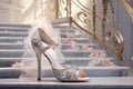 Designer bridal high heel positioned on marble staircase. Generative AI