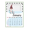 Designer calendar for 2022, characters cute dwarves style cute character dwarf playing hockey on goal