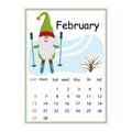 Designer calendar for 2022 February, cute character gnome skiing, cartoon style