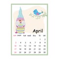 Designer calendar for the year 2022 March, cute character Easter gnome holding an egg, cartoon style