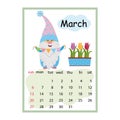Designer calendar for the year 2022 March, cute dwarf character on the background of tulips holding a garland