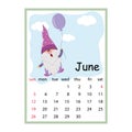 Designer calendar for the year 2022 March, cute gnome character flying in a balloon, cartoon style