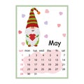 Designer calendar for the year 2022 March, cute gnome character holding an abstract heart, cartoon style