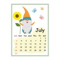 Designer calendar for the year 2022 March, cute gnome character holding a large sunflower, cartoon style