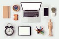 Designer desk objects mock up template with laptop computer for branding identity design. View from above. Royalty Free Stock Photo