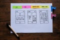 Designer desk with UI wireframe sketches. Royalty Free Stock Photo