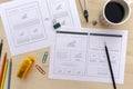 Designer desk with website wireframe sketches Royalty Free Stock Photo