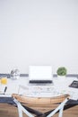 Designer desktop and blank wall Royalty Free Stock Photo