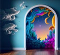 designer fantastic fabulous interior of a cozy room with a portal to Another dimension on the wall in the form of a