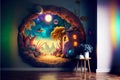 designer fantastic fabulous interior of a cozy room with a portal to Another dimension on the wall in the form of a