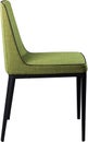 Designer green dining chair on black metal legs. Modern soft chair isolated on white background.