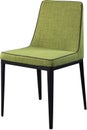 Designer green dining chair on black metal legs. Modern soft chair isolated on white background.