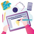 Designer or illustrator draws illustrations using stylus. Workplace with different tools. Tablet screen with special drawing