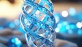 designer image of a DNA helix made of glass and metal on a blurred background.