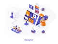 Designer isometric web banner. Website development, UI UX design isometry concept. Product branding 3d scene, creativity and ideas Royalty Free Stock Photo