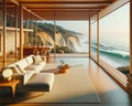 Designer Luxury Oceanfront Property Vintage Retro Mid-Century Modern Home House interior Living Room Scenic Ocean AI Generated Royalty Free Stock Photo